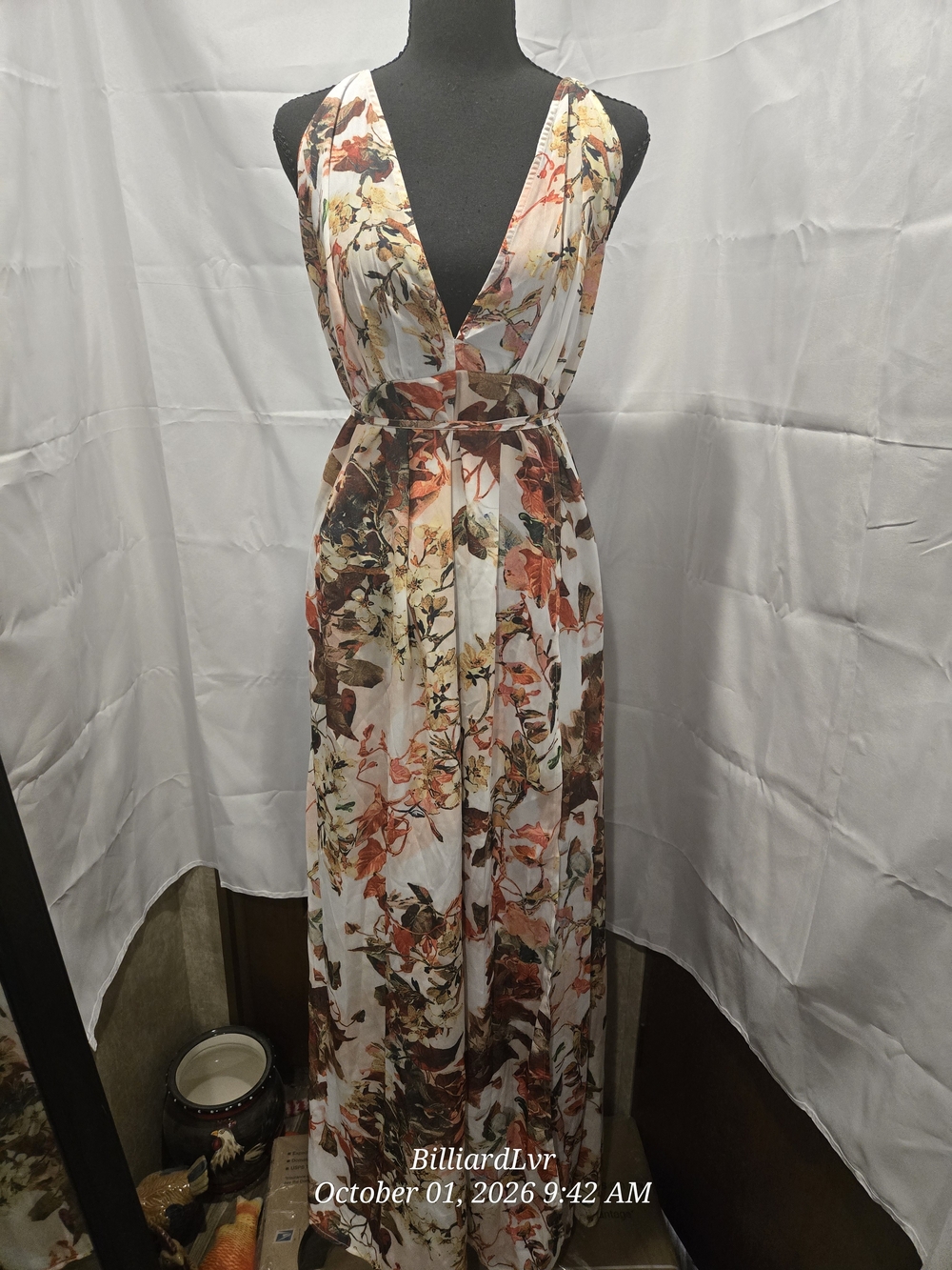 PrettyLittleThing White Floral Plunge Maxi Dress with Brown & Rust Accents